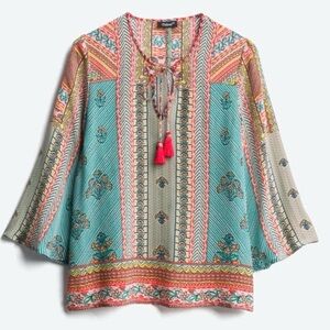 Tolani Farrah Silk Blouse‎ Tunic Boho Hippie Artsy Festival Spring Patchwork